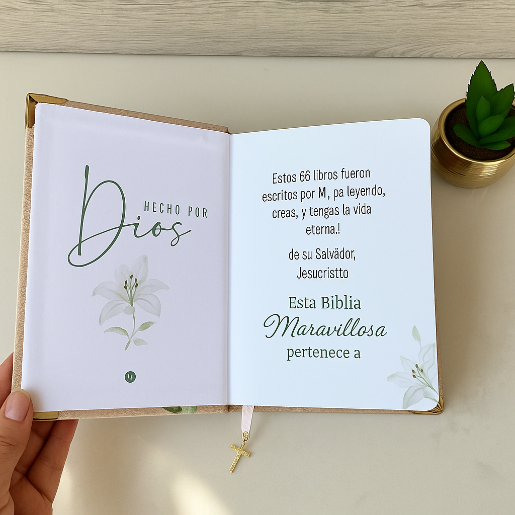 Biblia Mediana Lirio en lino personalizada con tu nombre