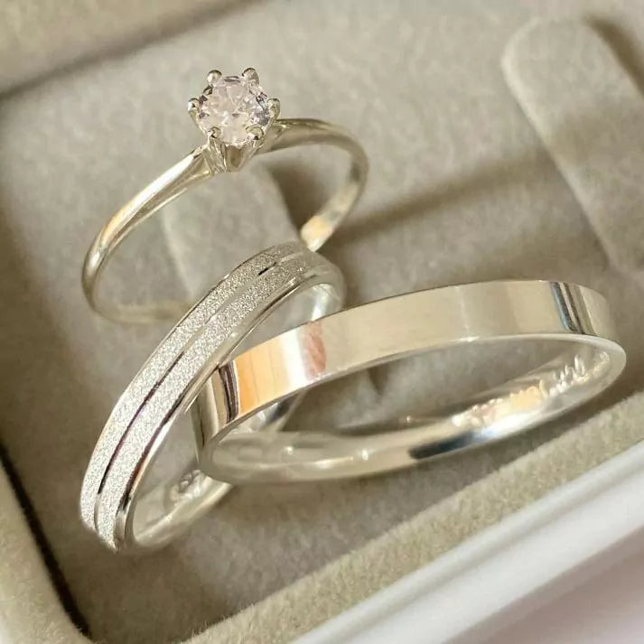 Par de Alianças de Namoro Prata com Anel solitário e Caixinha de Veludo